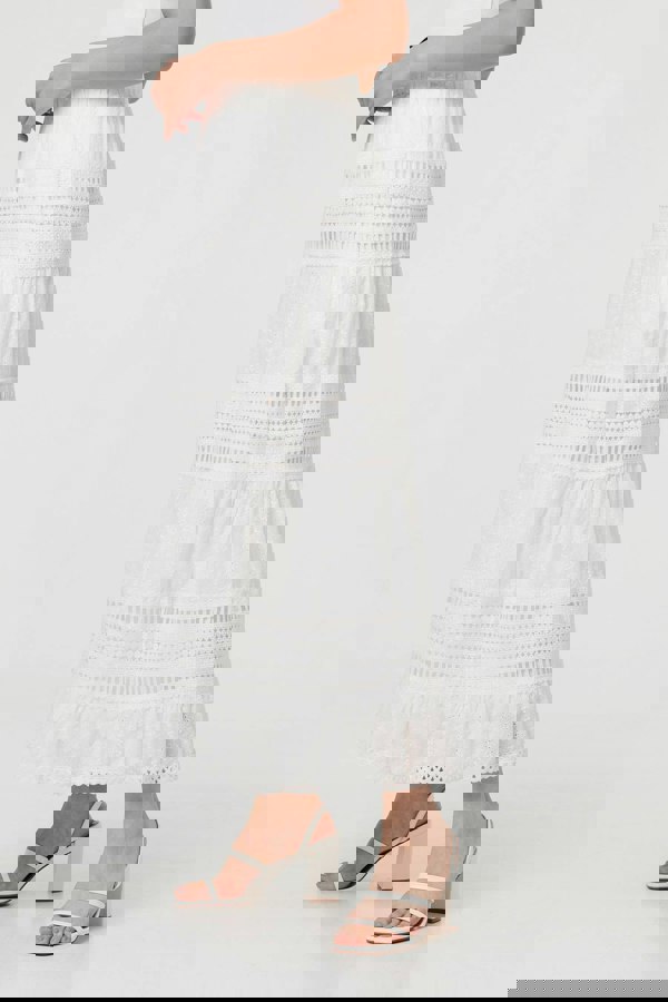 White | High Waist Lace Trim Tiered Maxi Skirt
