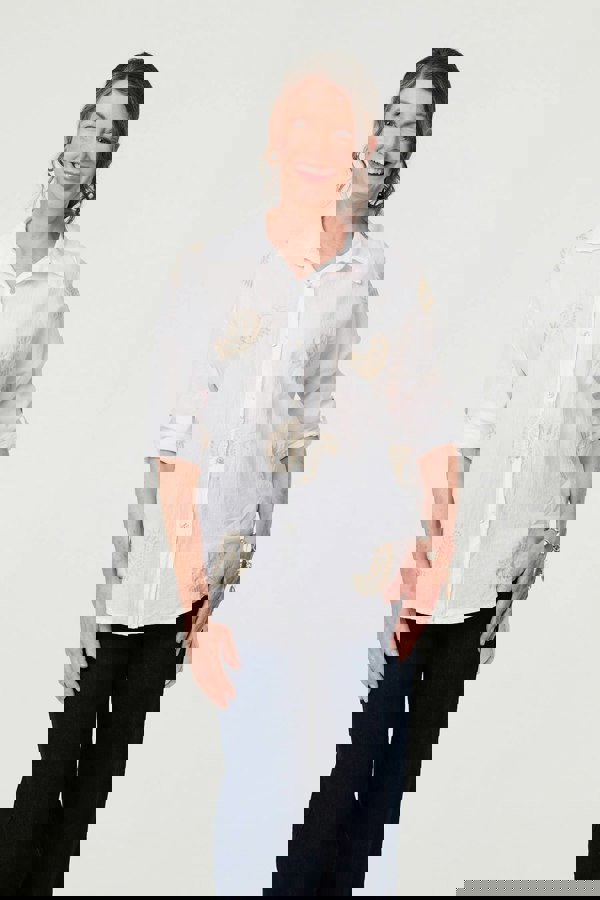 White | Embroidered 3/4 Turn-Up Sleeve Shirt
