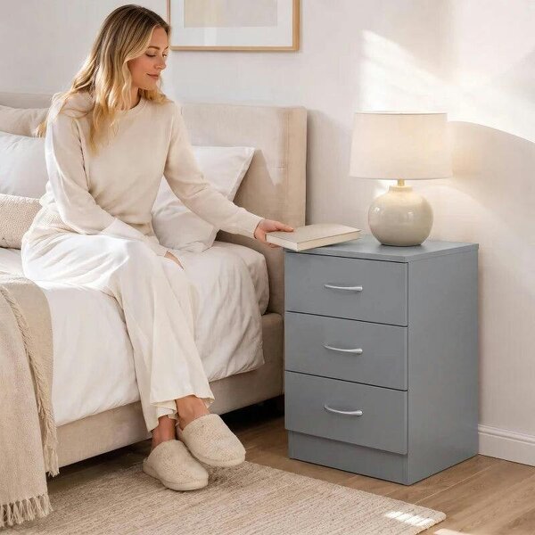 Three-Drawer Simple Bedside Table - Grey
