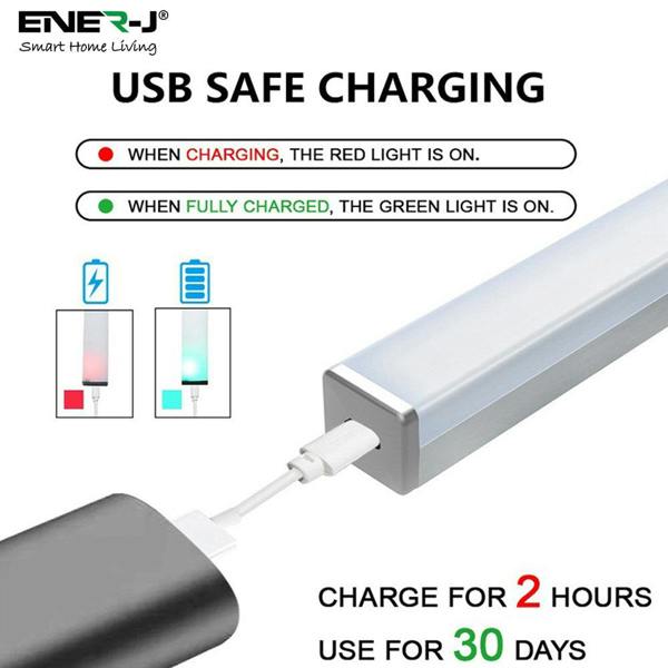 ENER-J Pack of 2 Rechargeable Motion Sensor Cabinet Lights, 10 LED with 2 Switch Modes, USB Charging, for Kitchen Wardrobe Closet