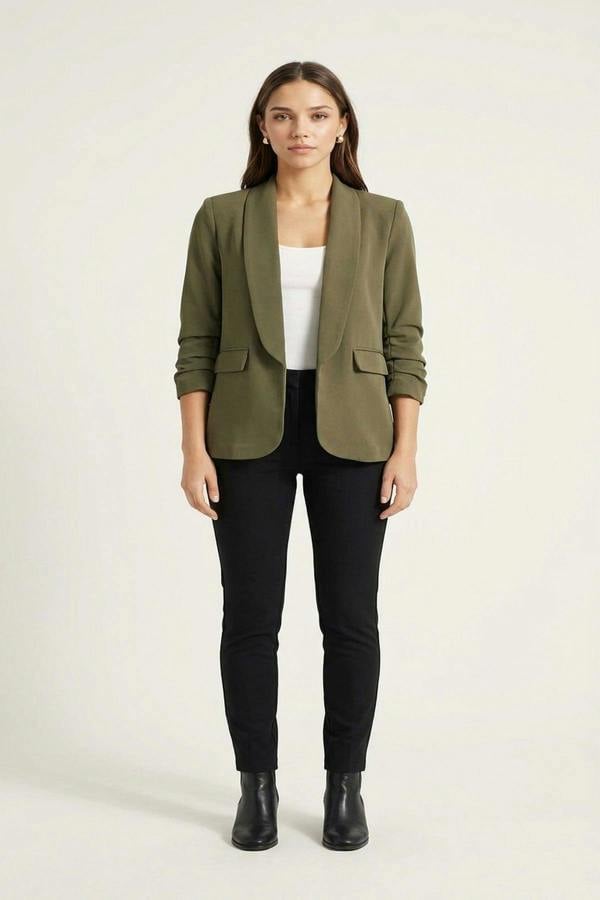 Valerie Ruched Sleeve Open Front Blazer Jacket With Front Pockets - Khaki
