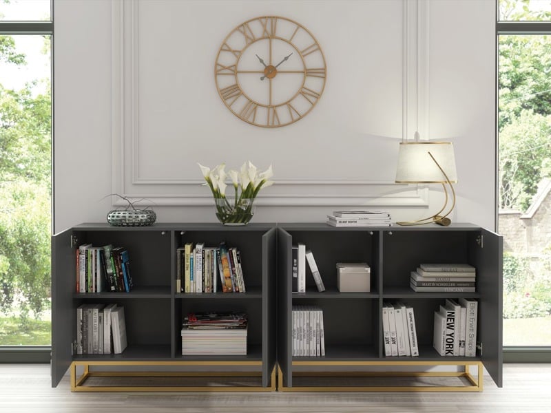 Mex Furniture Sophisticated Grey Sideboard with Fluted Fronts & Gold Legs – 200cm Storage Unit