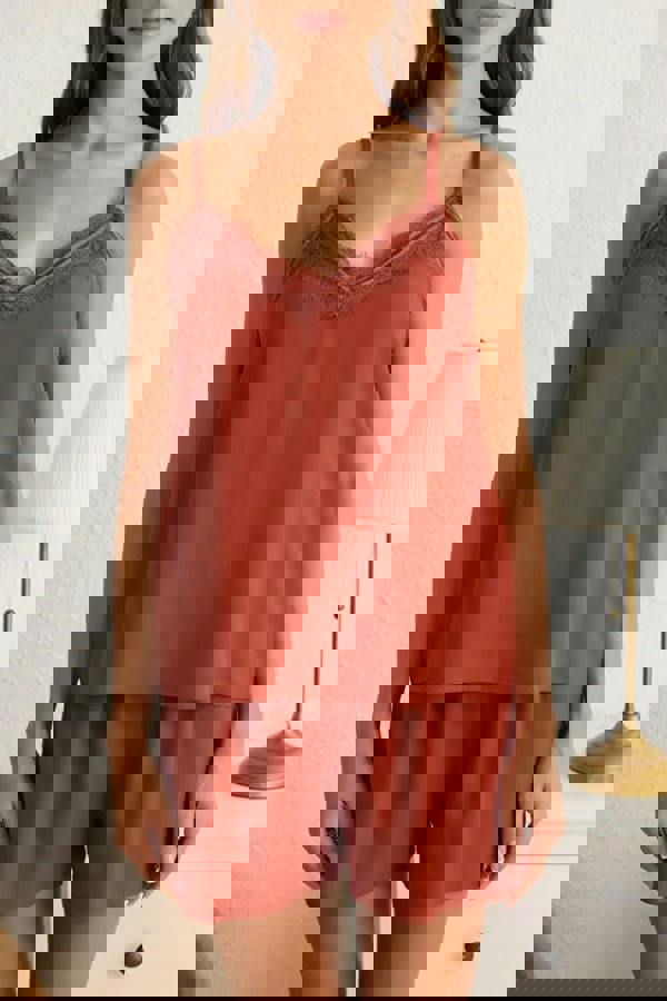 WOVCOR 2-Piece Lace-Trimmed Strappy Viscose Woven Pajama Set with Short