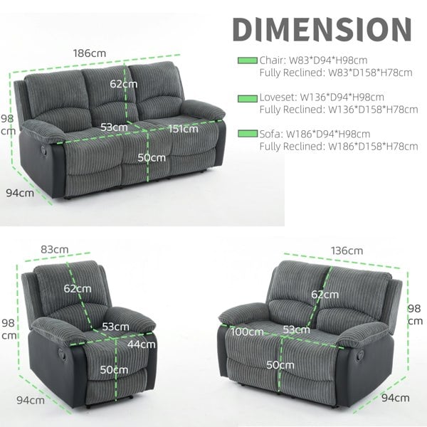 Furniture One Manual Reclining Sofa Set, Corduroy Fabric Recliner Sectional Sofa Suite-Adjustable Backrest and Footrest, Jumbo Cord Fabric Recliner