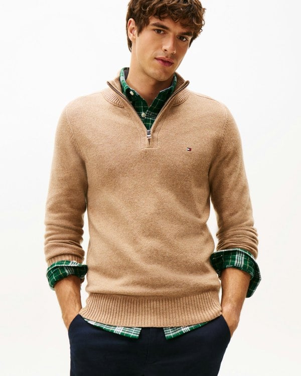 Tommy Hilfiger Lambswool Half-Zip Mock Neck Mens Jumper - Safari Canvas Heather
