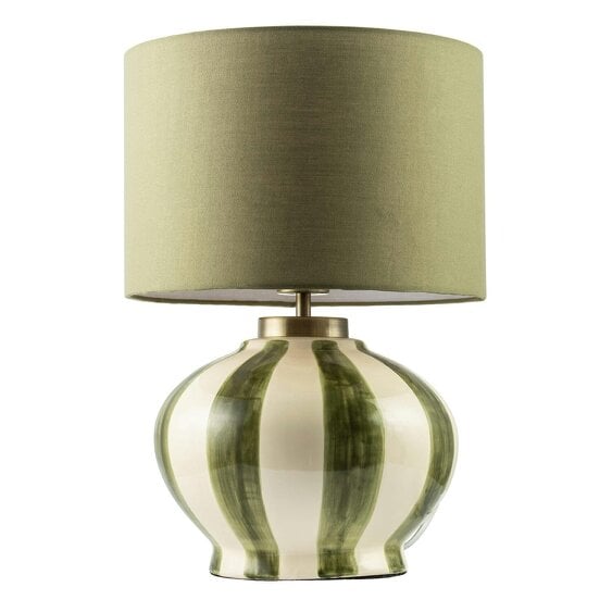 Happy Homewares Hand Brushed Olive Green Striped Ceramic Table Lamp with Fabric Shade