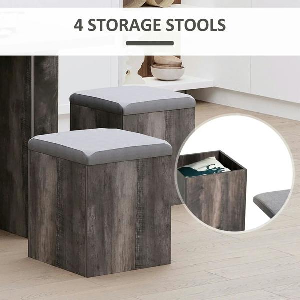 Grey wood-grain storage stool with grey seat cushion, showing open storage space