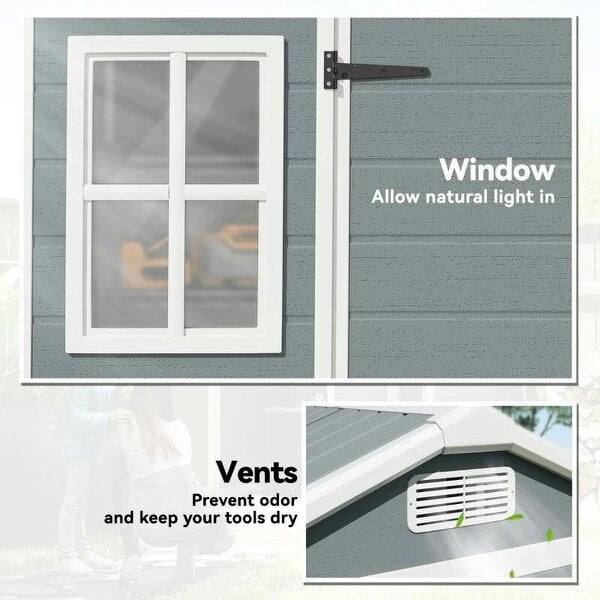 8 x 4 ft Plastic Garden Shed, Wood-Effect Outdoor Storage Shed with Floor, Windows, Lockable Doors and Vents, Light Grey