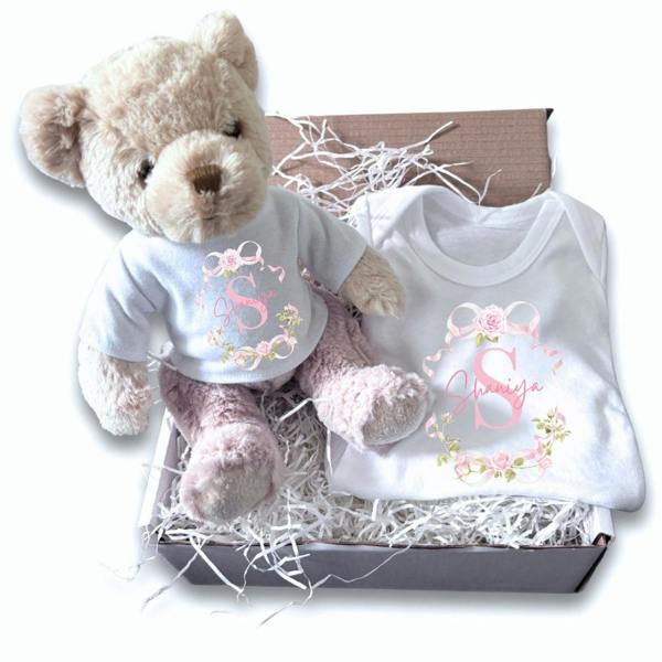 Personalised Pink Roses Baby Gift Box - Teddy & Vest