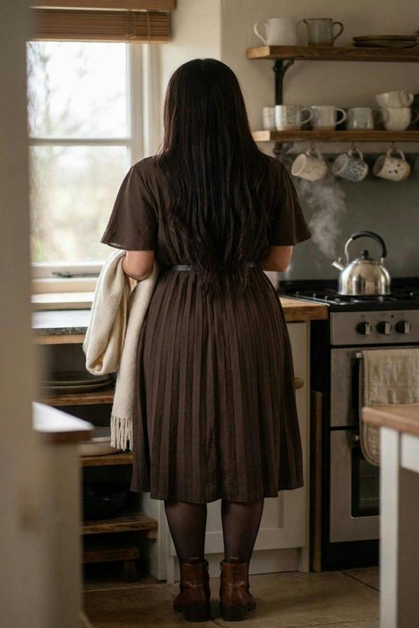 Elidi Short Sleeve Pleated Midi Dress With Waist Belt - Choc Brown