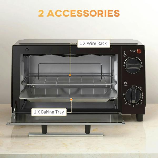 Black mini oven interior showing wire rack and baking tray, accessories highlighted.