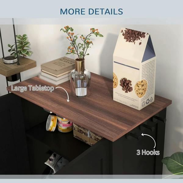 Wood tabletop black feeding station with three hooks and open side storage shelf.