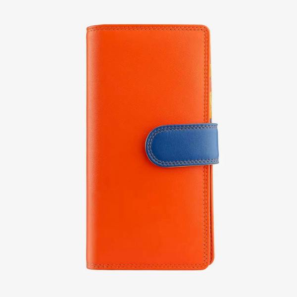 Orange bifold purse with a blue strap on a white background