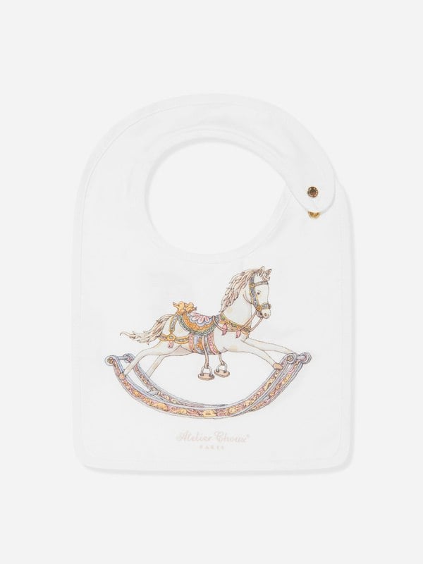 Atelier Choux Baby Rocking Horse Swaddle And Satin Bib Gift Set in White