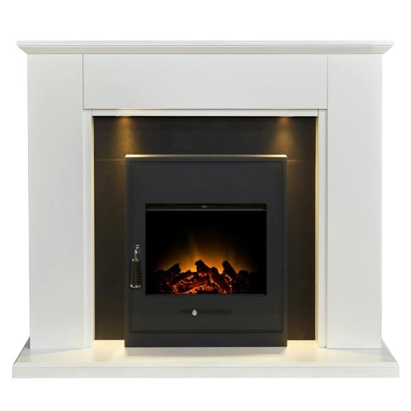 Adam Eltham Fireplace in Pure White & Black with Downlights & Oslo Electric Fire in Black, 45 Inch