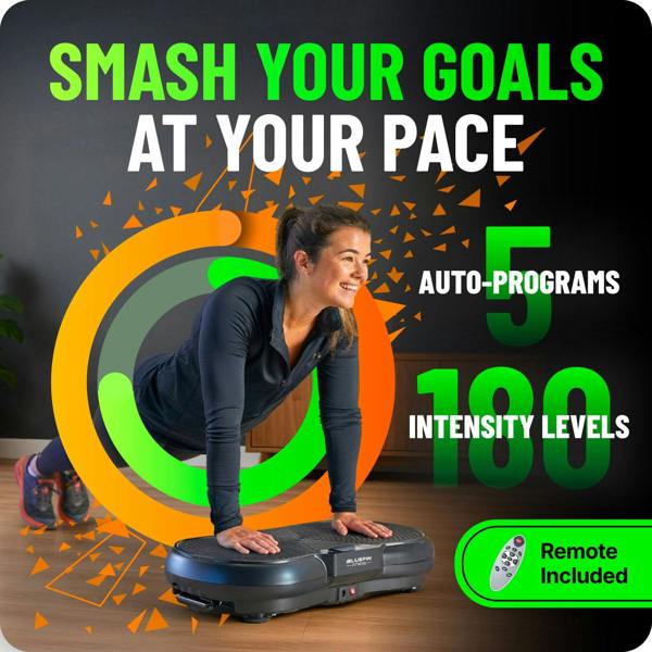 Vibration platform with a woman exercising, featuring remote, intensity levels, and auto-programs.