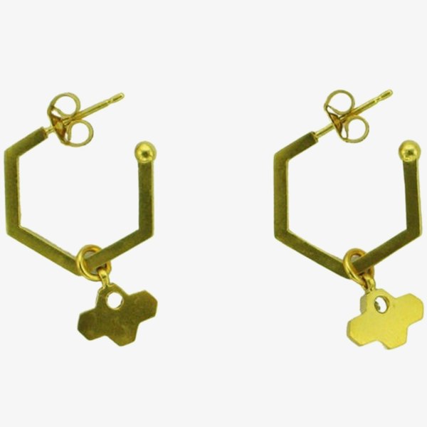 T. H. Baker Yellow Gold Plated Cubic Zirconia Hexagonal Tiny Bee Hoop Earrings BEH-YGP-CZ
