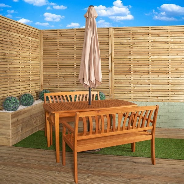 Samuel Alexander Outdoor 4 Person Rectangular Wooden Dining Table 2 Benches with Beige Havana Parasol & Base