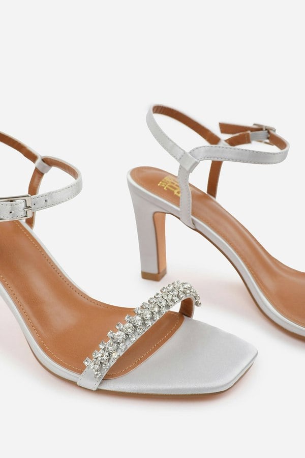 Where's That From Nala Wide Fit Diamante Embellished Strappy Block Heel in Silver Satin