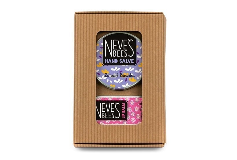 No Mow May gift box from Neve's Bees. Hand salve and lip balm.
