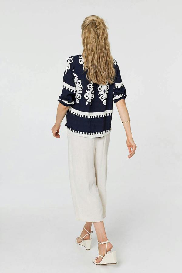 Navy | Ikat Print 3/4 Sleeve Blouse