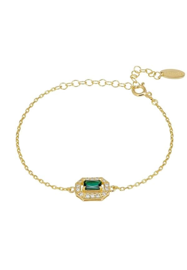 Diamond halo emerald charm gold bracelet.