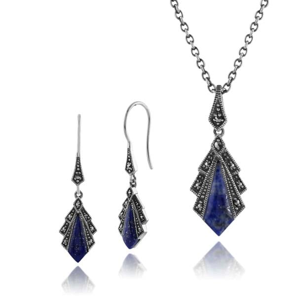 Gemondo Art Deco Style Style Lapis Lazuli & Round Marcasite Fan Drop Earrings & Pendant Set in 925 Sterling Silver