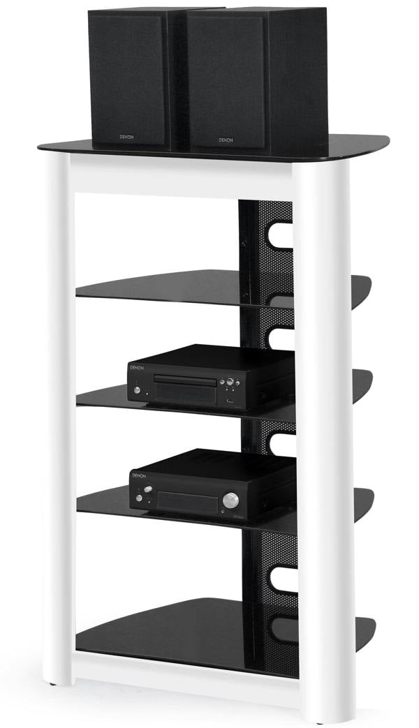 Homeology ZINNIA 5-Tier Entertainment Media Stand Black Glass Shelves & White Facia Audio Rack Stylish Home Theater Storage