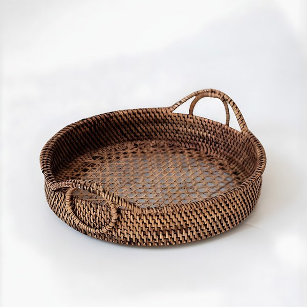 Dark brown handwoven rattan fruit bowl basket kitchen table decor