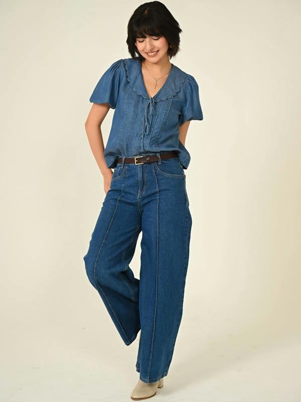 Rose & Nancy Olive Blue Denim Tencel Collar Blouse