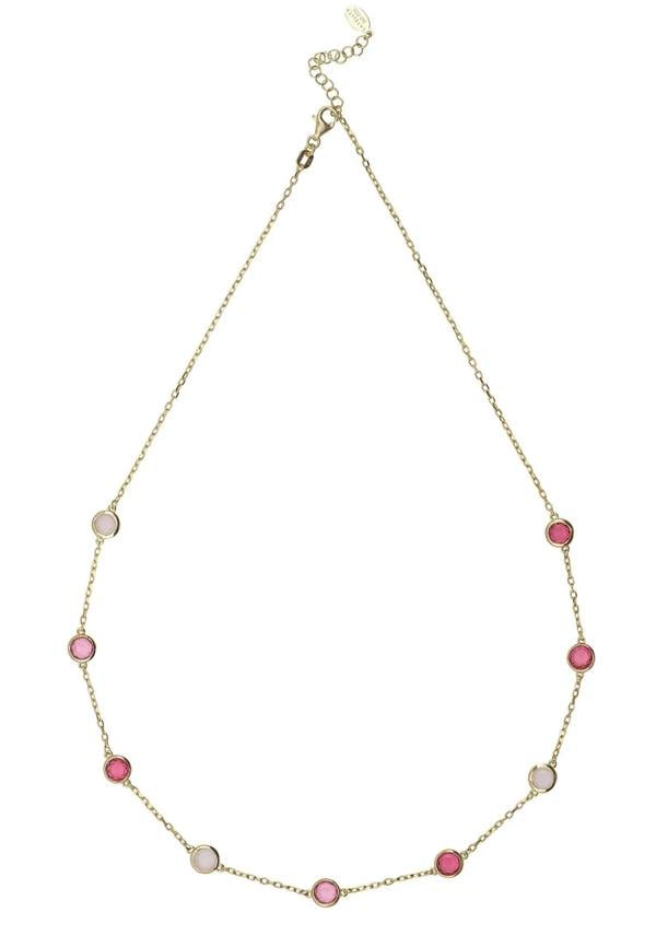 Multiple pink gemstone gold necklace.