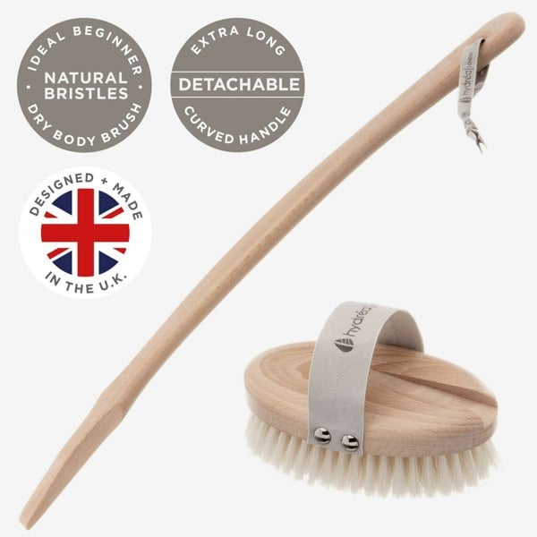 Hydréa London Professional Wet & Dry Body Brush with Long Detachable Curved Handle Natural Bristle & FSC® Certified Beechwood