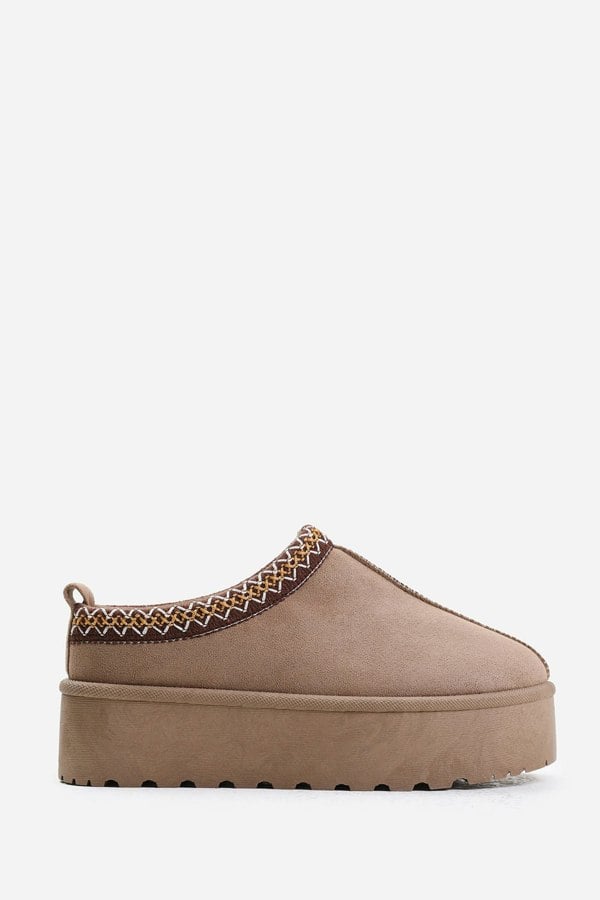 Where's That From Allegra Flatform Embroidered Low Ankle Slipper Boots in Camel Suede