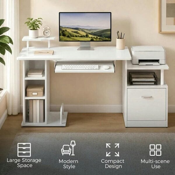 Computer Desk with Drawer Shelves CPU Storage Rack White