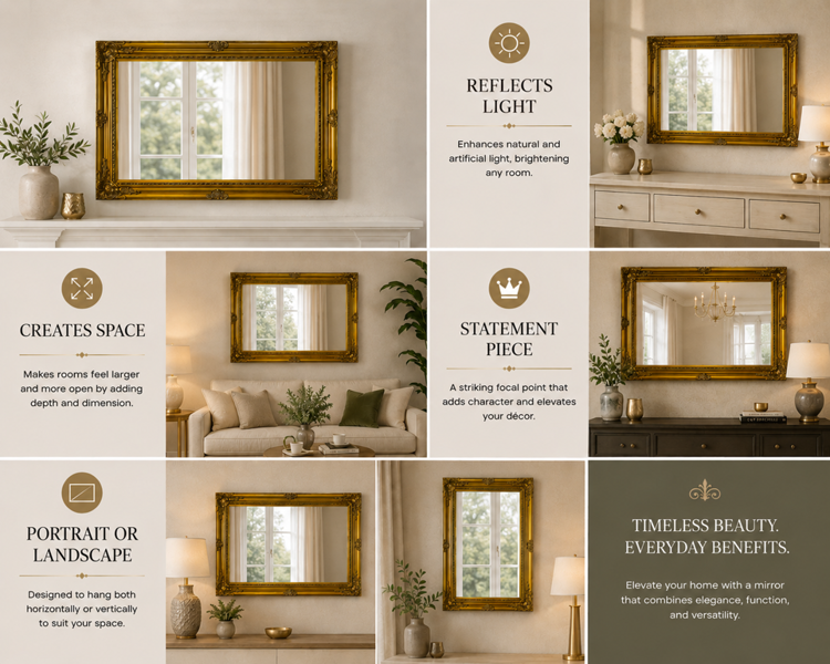 Downton Interiors Large Antique Gold Wood Frame Wall Mirror 90cm x 65cm