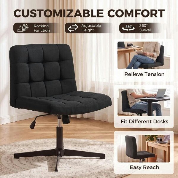 Armless Office Chair, Cross Legged Linen Computer Desk Vanity Chair with Wide Seat, Rocking Function, Black