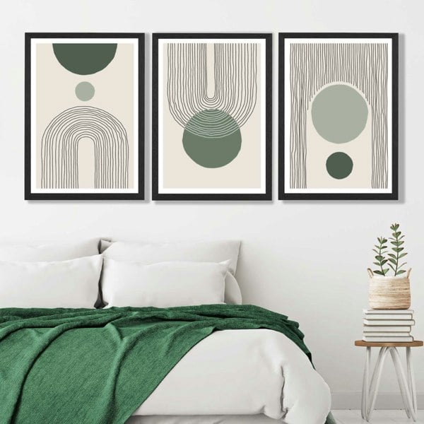 Set of 3 Boho Green and Beige Sketch Rainbows Art Prints in Luxury Frames | Artze UK