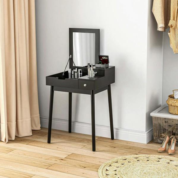 Black makeup vanity table with flip-up mirror and two drawers on slender legs