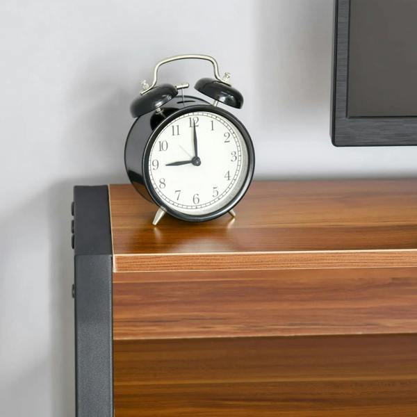 Walnut desk top with open shelf and black side frame supports.