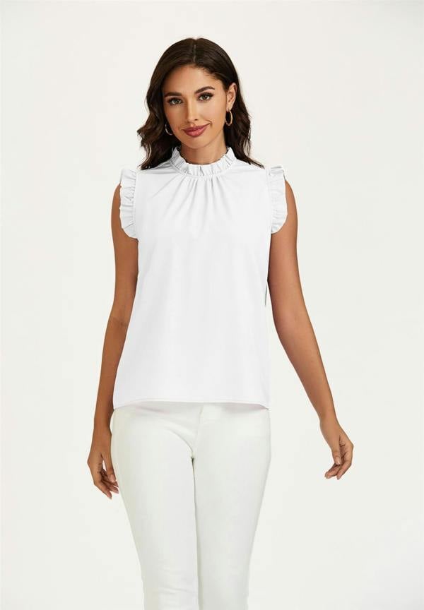 FS Collection Frill Trim Sleeve Frill Neck Blouse Top In White