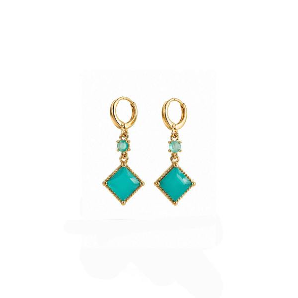 Pair of turquoise earrings with gold hooks on a white background