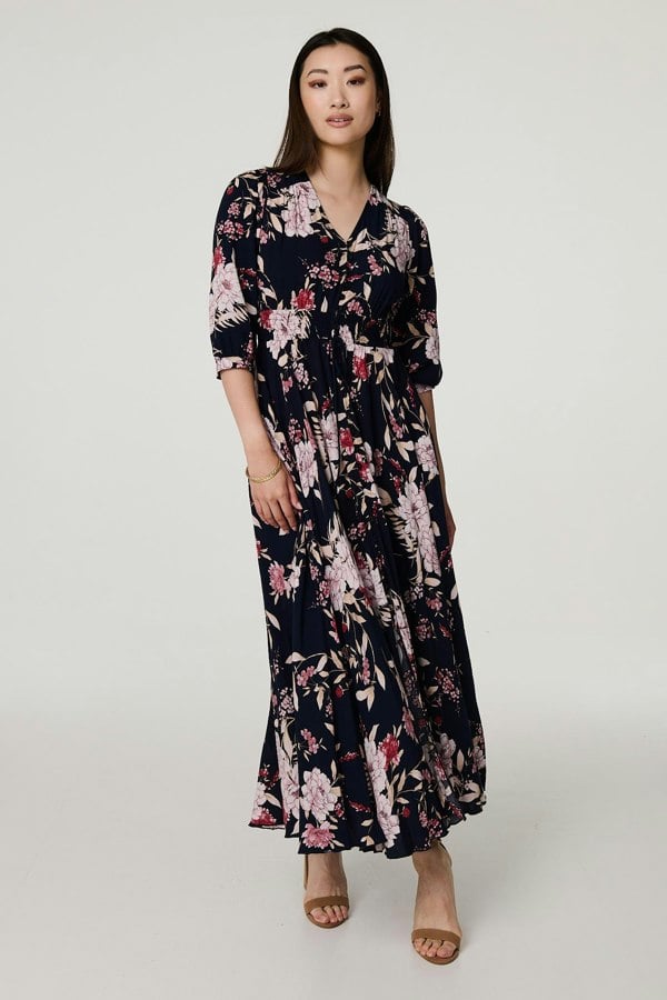 Navy | Floral 3/4 Sleeve A-Line Maxi Dress