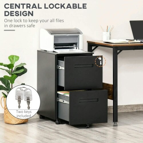 Bobobiy Metal Mobile File Cabinet with Wheels, Lockable 2 Drawer Filing Cabinet for A4, 39 x 48 x 67cm, Black