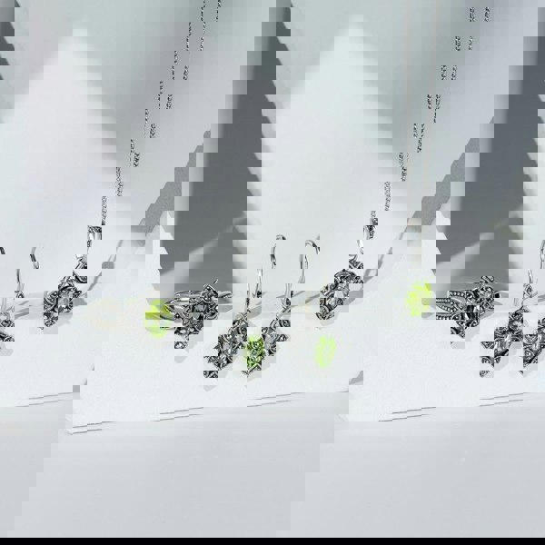 Gemondo Art Deco Style Oval Peridot & Marcasite Drop Earrings in Sterling Silver