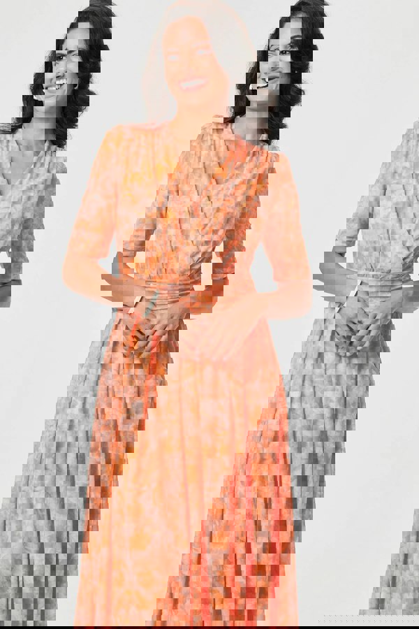 Orange | Printed 3/4 Sleeve Ruched Midi Dress

