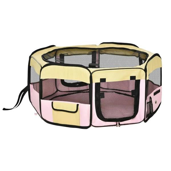 Portable fabric pet whelping box playpen in pink and beige with mesh sides and zip door