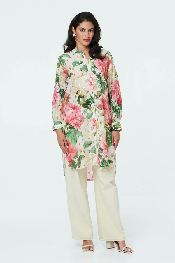 Cream | Floral Long Sleeve V-Neck Longline Shirt