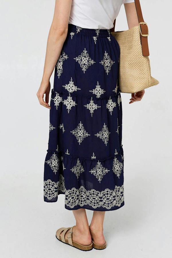 Navy | Printed High Waist Tiered Midi Skirt