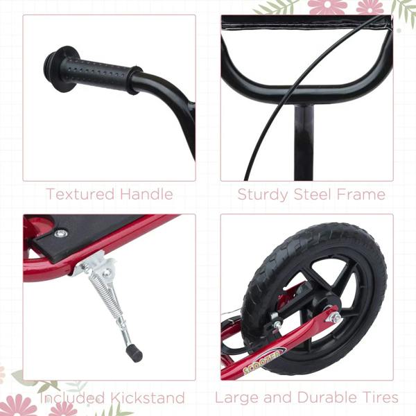 Red scooter detail: textured black handlebar grips, sturdy steel frame, and large black tires