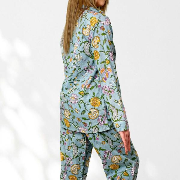 Hayley & Co Pale Blue Block Print Floral 100% Cotton Long Pyjama Set